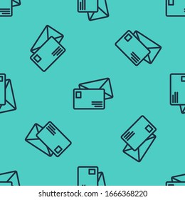 Black line Envelope icon isolated seamless pattern on green background. Email message letter symbol.  Vector Illustration