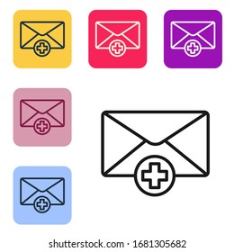 Icono sobre línea negra aislado en fondo blanco. Concepto de mensaje recibido. Nuevo mensaje entrante de correo electrónico, sms. Servicio de entrega de correo. Establecer iconos en botones cuadrados de color. Ilustración vectorial