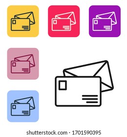 Black line Envelope icon isolated on white background. Email message letter symbol. Set icons in color square buttons. Vector Illustration