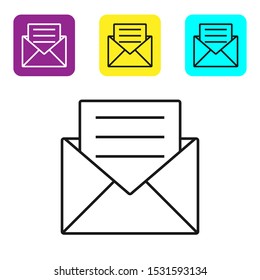 Black line Envelope with invitation card icon isolated on white background. Set icons colorful square buttons. Vector Illustration