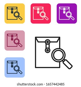 Black line Envelope mail with magnifying glass icon isolated on white background. Set icons in color square buttons. Vector Illustration