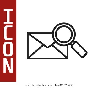 Black line Umschlag-Mail mit Lupe-Symbol einzeln auf weißem Hintergrund. Vektorillustration-Illustration