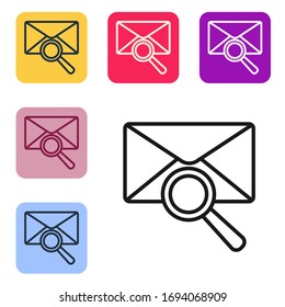 Black line Envelope mail with magnifying glass icon isolated on white background. Set icons in color square buttons. Vector Illustration