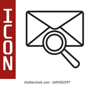 Black line Envelope mail with magnifying glass icon isolated on white background.  Vector Illustration