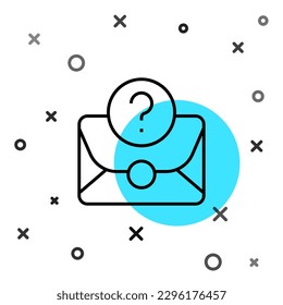 Sobre de línea negra con icono de signo de interrogación aislado en fondo blanco. Carta con signo de interrogación. Envíe por correo electrónico su solicitud. Formas dinámicas aleatorias. Vector