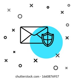 Black line Envelope with shield icon isolated on white background. Insurance concept. Security, safety, protection, protect concept. Random dynamic shapes. Vector Illustration