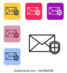 Schwarzer Linienumschlag mit Schild Symbol einzeln auf weißem Hintergrund.Versicherungskonzept. Sicherheit, Sicherheit, Schutz, Schutzkonzept. Die Symbole werden in den Tasten für das Farbquadrat eingestellt. Vektorillustration-Illustration