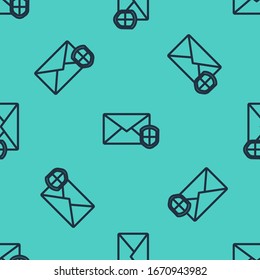 Black line Envelope with shield icon isolated seamless pattern on green background. Insurance concept. Security, safety, protection, protect concept.  Vector Illustration