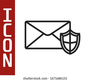 Black line Envelope with shield icon isolated on white background. Insurance concept. Security, safety, protection, protect concept.  Vector Illustration