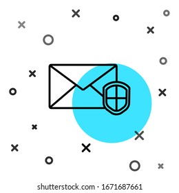 Black line Envelope with shield icon isolated on white background. Insurance concept. Security, safety, protection, protect concept. Random dynamic shapes. Vector Illustration