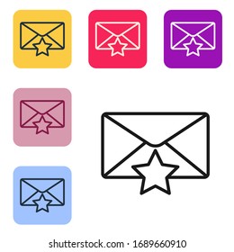 Schwarze Linie Umschlag mit Sternsymbol einzeln auf weißem Hintergrund. Wichtige E-Mail-Adresse, fügen Sie dem Lieblingssymbol hinzu. Starrte E-Mail. Die Symbole werden in den Tasten für das Farbquadrat eingestellt. Vektorillustration-Illustration