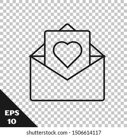 Black line Envelope with Valentine heart icon isolated on transparent background. Message love. Letter love and romance.  Vector Illustration