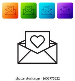 Black line Envelope with Valentine heart icon isolated on white background. Message love. Letter love and romance. Set icons in color square buttons. Vector Illustration