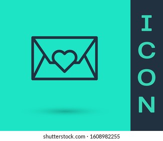 Black line Envelope with Valentine heart icon isolated on green background. Message love. Letter love and romance.  Vector Illustration