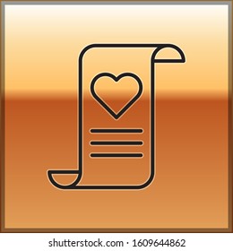 Black line Envelope with Valentine heart icon isolated on gold background. Message love. Letter love and romance.  Vector Illustration