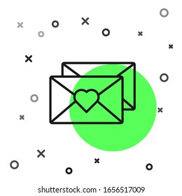 Black line Envelope with Valentine heart icon isolated on white background. Message love. Letter love and romance.  Vector Illustration