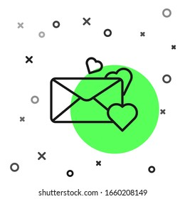 Black line Envelope with Valentine heart icon isolated on white background. Message love. Letter love and romance.  Vector Illustration