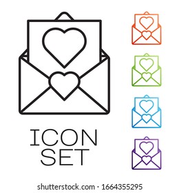 Black line Envelope with Valentine heart icon isolated on white background. Message love. Letter love and romance. Set icons colorful. Vector Illustration