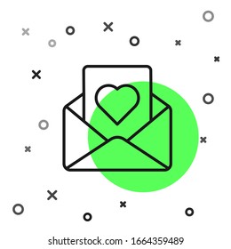 Black line Envelope with Valentine heart icon isolated on white background. Message love. Letter love and romance.  Vector Illustration