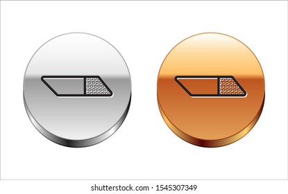 Black line Eraser or rubber icon isolated on white background. Silver-gold circle button. Vector Illustration