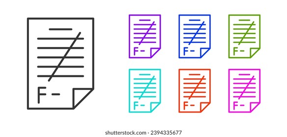 Papel de examen de línea negra con un icono de encuesta de respuestas incorrectas aislado en fondo blanco. Marcado incorrecto de los resultados de las pruebas. Indique los iconos en colores. Ilustración vectorial