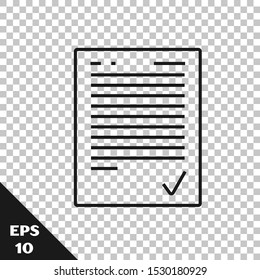 Black line Exam sheet with check mark icon isolated on transparent background. Test paper, exam, or survey concept. School test or exam.  Vector Illustration