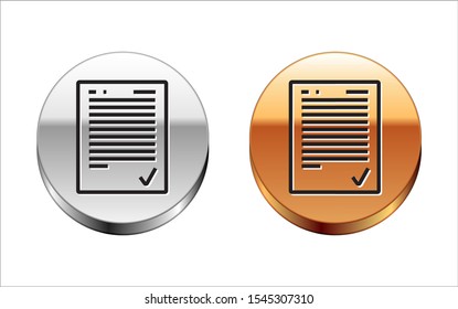 Black line Exam sheet with check mark icon isolated on white background. Test paper, exam, or survey concept. School test or exam. Silver-gold circle button. Vector Illustration