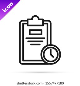 Black line Exam sheet with clock icon isolated on white background. Test paper, exam, or survey concept. School test or exam.  Vector Illustration