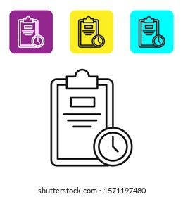 Black line Exam sheet with clock icon isolated on white background. Test paper, exam, or survey concept. School test or exam. Set icons colorful square buttons. Vector Illustration
