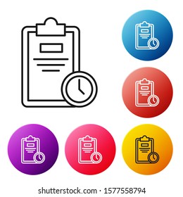 Black line Exam sheet with clock icon isolated on white background. Test paper, exam, or survey concept. School test or exam. Set icons colorful circle buttons. Vector Illustration