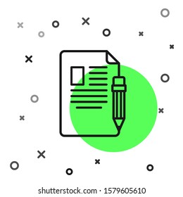 Black line Exam sheet and pencil with eraser icon isolated on white background. Test paper, exam, or survey concept. School test or exam.  Vector Illustration
