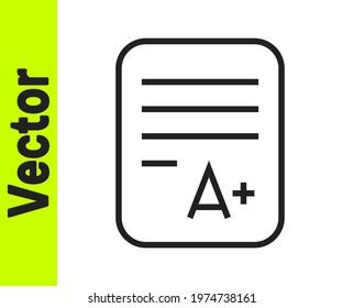 Black line Exam sheet with A plus grade icon isolated on white background. Test paper, exam, or survey concept. School test or exam.  Vector