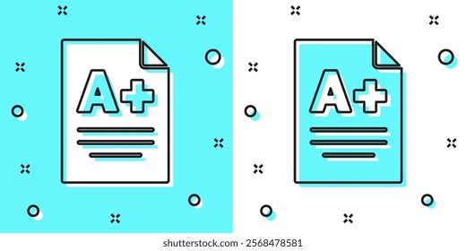 Black line Exam sheet with A plus grade icon isolated on green and white background. Test paper, exam, or survey concept. School test or exam. Random dynamic shapes. Vector