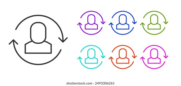 Black line Exchange work icon isolated on white background. Information exchange between people. Employee or people Replacement or swap position concept. Set icons colorful. Vector
