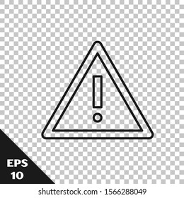 Black line Exclamation mark in triangle icon isolated on transparent background. Hazard warning sign, careful, attention, danger warning important sign.  Vector Illustration