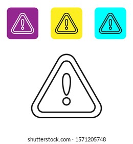 Black line Exclamation mark in triangle icon  on white background. Hazard warning sign, careful, attention, danger warning important sign. Set icons colorful square buttons. Vector Illustration