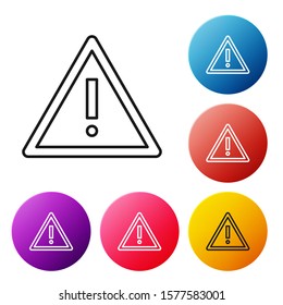 Black line Exclamation mark in triangle icon  on white background. Hazard warning sign, careful, attention, danger warning important sign. Set icons colorful circle buttons. Vector Illustration