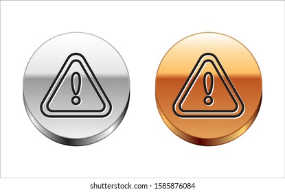Black line Exclamation mark in triangle icon isolated on white background. Hazard warning sign, careful, attention, danger warning important sign. Silver-gold circle button. Vector Illustration