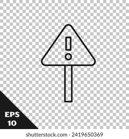 Black line Exclamation mark in triangle icon isolated on transparent background. Hazard warning sign, careful, attention, danger warning sign.  Vector Illustration