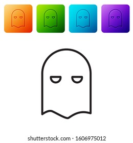 Black line Executioner mask icon isolated on white background. Hangman, torturer, executor, tormentor, butcher, headsman icon. Set icons in color square buttons. Vector Illustration