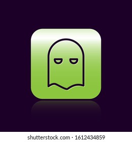 Black line Executioner mask icon isolated on black background. Hangman, torturer, executor, tormentor, butcher, headsman icon. Green square button. Vector Illustration
