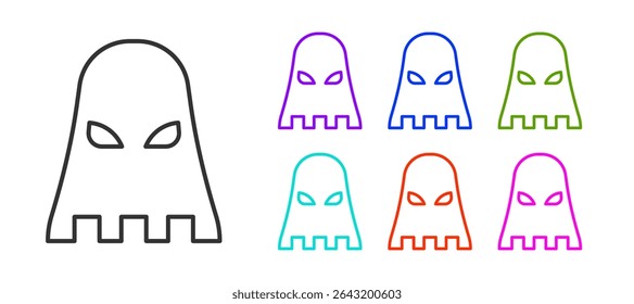 Schwarze Linie Executioner-Maskensymbol einzeln auf weißem Hintergrund. Hangman, Folterer, Testamentsvollstrecker, Peiniger, Metzger, Headsman-Symbol. Setzen Sie die Symbole bunt. Vektorgrafik