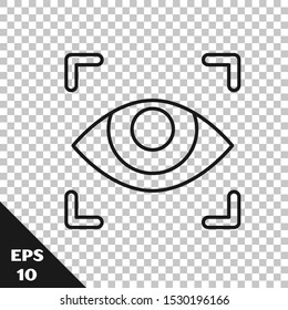 Black line Eye scan icon isolated on transparent background. Scanning eye. Security check symbol. Cyber eye sign.  Vector Illustration