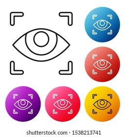 Black line Eye scan icon isolated on white background. Scanning eye. Security check symbol. Cyber eye sign. Set icons colorful circle buttons. Vector Illustration