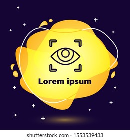 Black line Eye scan icon isolated on blue background. Scanning eye. Security check symbol. Cyber eye sign. Abstract banner with liquid shapes. Vector Illustration