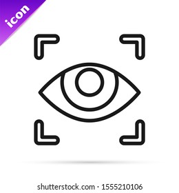 Black line Eye scan icon isolated on white background. Scanning eye. Security check symbol. Cyber eye sign.  Vector Illustration