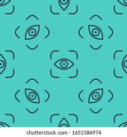 Black line Eye scan icon isolated seamless pattern on green background. Scanning eye. Security check symbol. Cyber eye sign.  Vector Illustration
