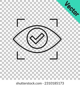 Schwarze Linie Auge Scan Symbol einzeln auf transparentem Hintergrund. Scannen des Auges. Sicherheitsüberprüfungssymbol. Cyber-Augenzeichen.  Vektorgrafik