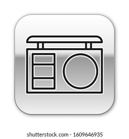 Black line Eye shadow palette with brush icon isolated on white background. Silver square button. Vector Illustration