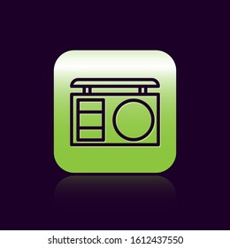 Black line Eye shadow palette with brush icon isolated on black background. Green square button. Vector Illustration